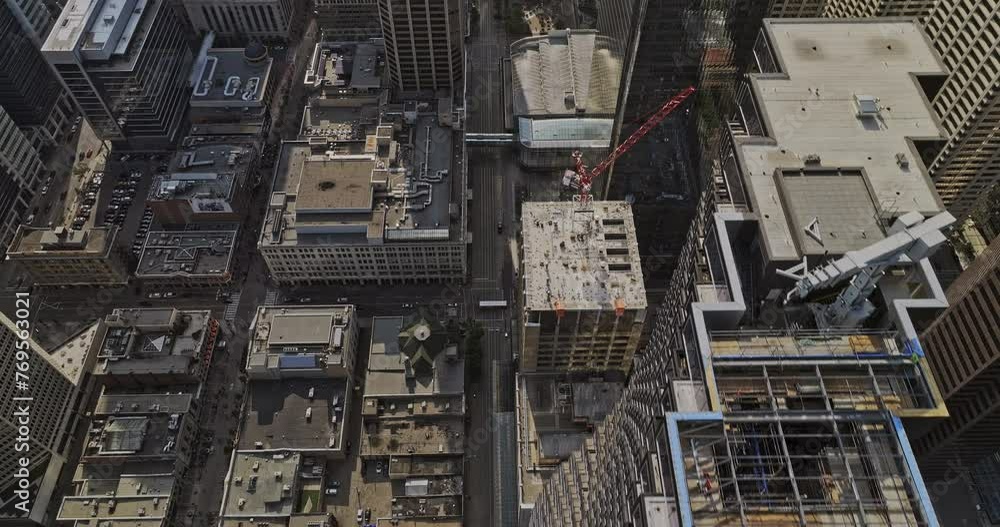 Calgary AB Canada Aerial v35 establishing shot birds eye view drone flyover Downtown Commercial above 7 Ave SW light rail street capturing towering skyscrapers - Shot with Mavic 3 Pro Cine - July 2023 Calgary AB Canada Aerial v35 establishing shot birds eye view drone flyover Downtown Commercial above 7 Ave SW light rail street capturing towering skyscrapers - Shot with Mavic 3 Pro Cine - July 2023