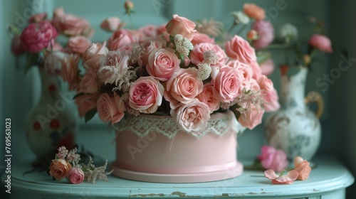 Vintage Pink Rose Arrangement in a Pastel Round Box on a Delicate Lace Tablecloth