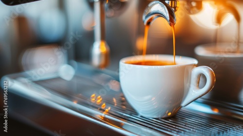 Coffee extraction portafilter pouring espresso into cup in bright white setting