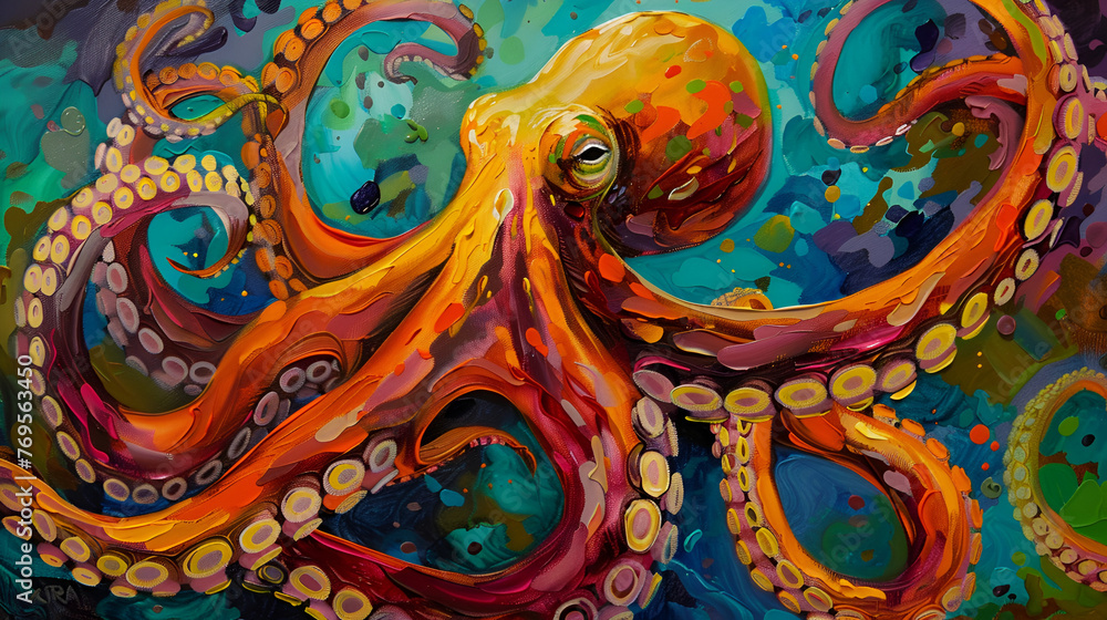 Abstract octopus portrait in Impasto paint style, generative ai