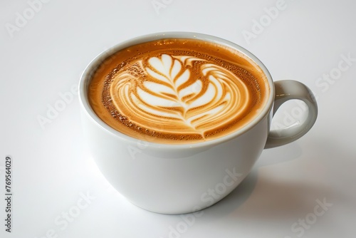 Closeup of a cup of latte on white background, ultra-sharp food photography