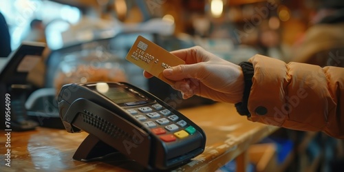 A person inserting a chip card into a card reader for payment. photo