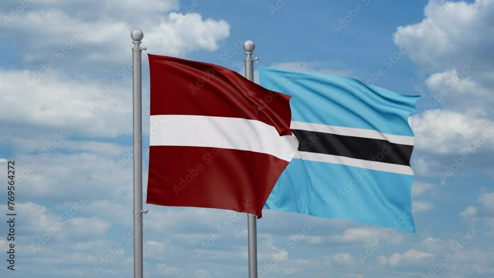 Botswana and Latvia two flags waving together, looped video, two country relations concept Botswana and Latvia two flags waving together, looped video, two country relations concept