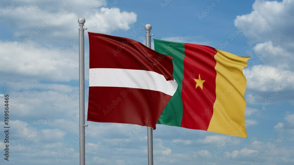 Cameroon and Latvia two flags waving together, looped video, two country relations concept Cameroon and Latvia two flags waving together, looped video, two country relations concept