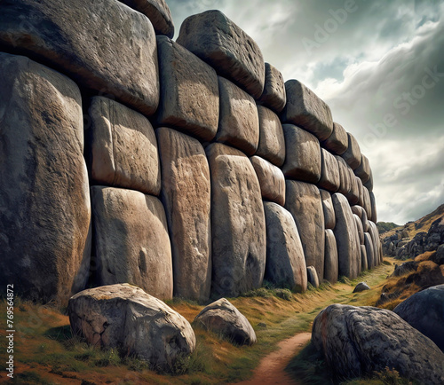 Ancient stone wall with huge and heavy stones fitting perfectly. Digital illustration. photo