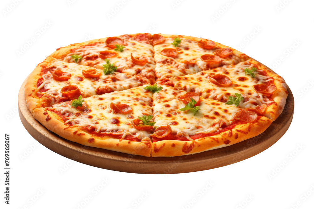 Delicious Pizza Perched on Rustic Wooden Cutting Board. On a White or Clear Surface PNG Transparent Background.