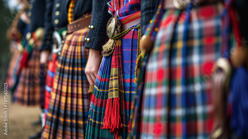 Image focuses on the tartan patterns of Scottish kilts worn by a row of people, possibly at a cultural event or gathering photo