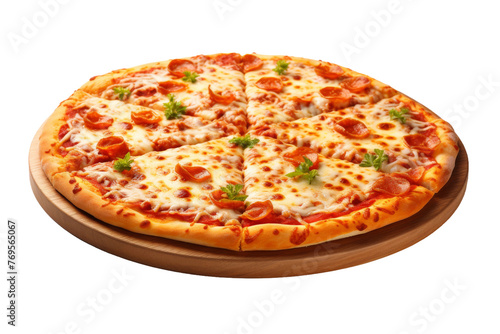 Delicious Pizza Perched on Rustic Wooden Cutting Board. On a White or Clear Surface PNG Transparent Background.