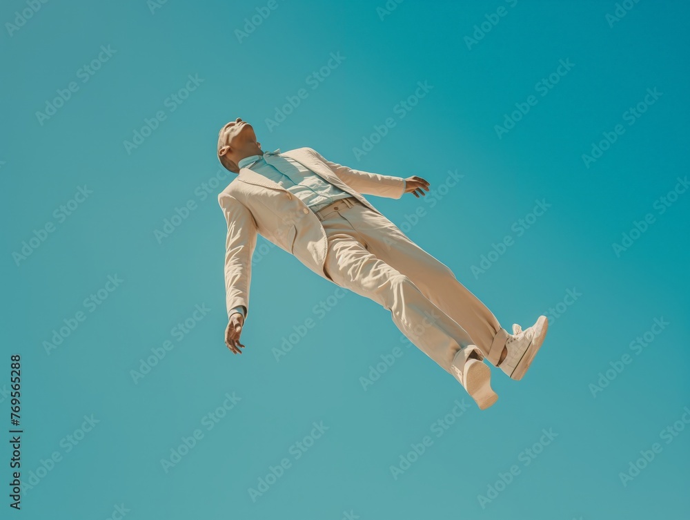 A person dressed in a stylish suit appears to be floating effortlessly against a clear blue sky, conveying a sense of freedom and surrealism.