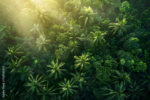 Aerial view of a tropical rainforest during sunrise #769565635