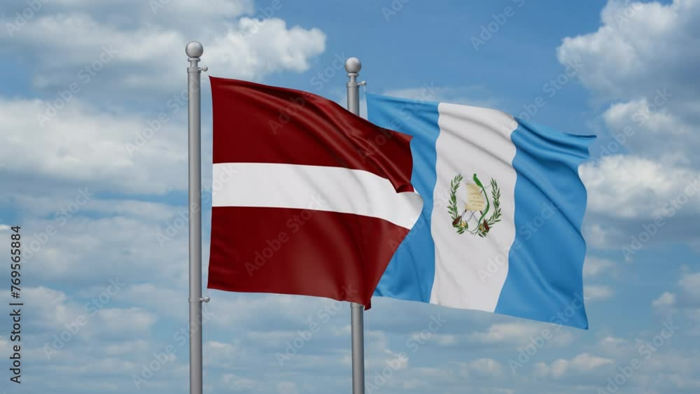 Guatemala and Latvia two flags waving together, looped video, two country relations concept Guatemala and Latvia two flags waving together, looped video, two country relations concept