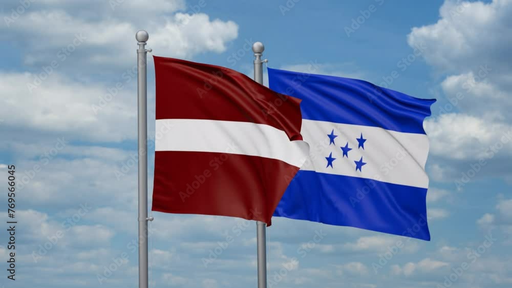 Honduras and Latvia two flags waving together, looped video, two country relations concept Honduras and Latvia two flags waving together, looped video, two country relations concept