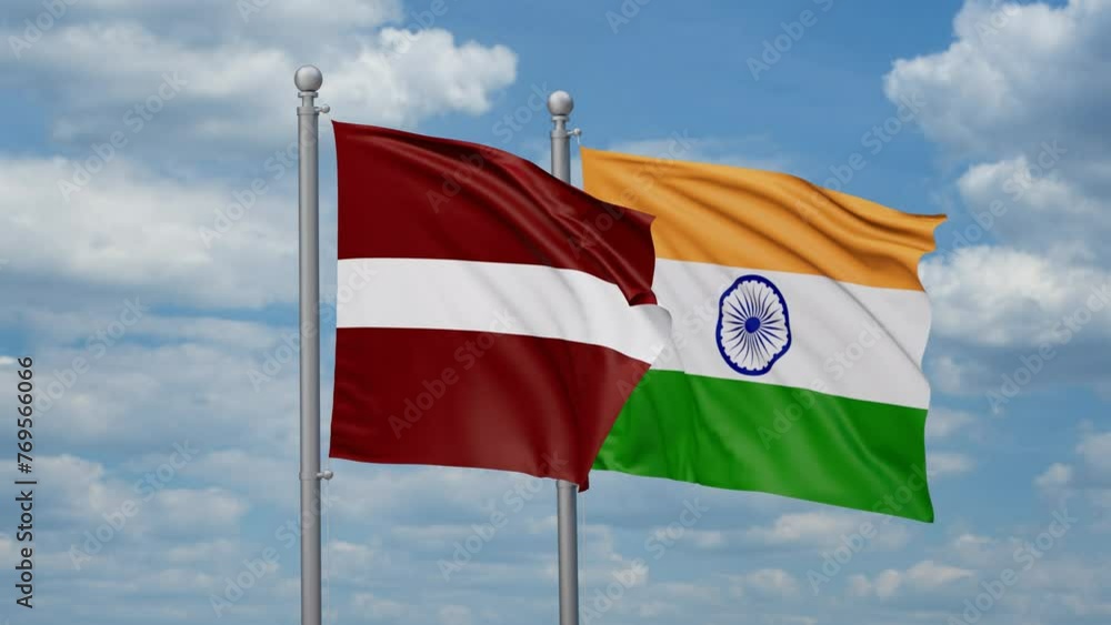 India and Latvia two flags waving together, looped video, two country relations concept India and Latvia two flags waving together, looped video, two country relations concept