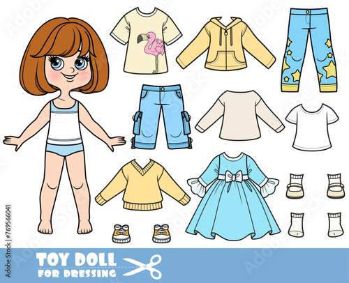 Cartoon brunette girl  with short bob and clothes separately  -  long sleeve, dress, jeans and boots