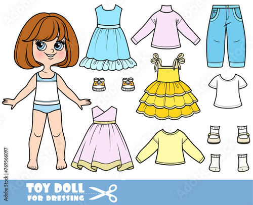 Cartoon brunette girl  with short bob and clothes separately  -  long sleeve, dress, sundress, jeans and boots © Azuzl
