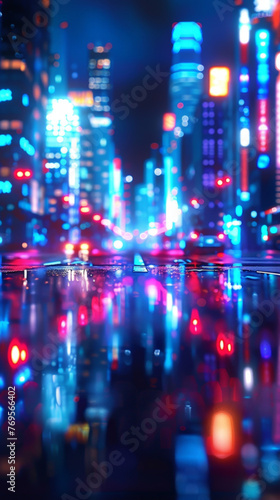 Blurred neon lights background. Neon city lights in bokeh style. Futuristic backdrop. © Valeriy