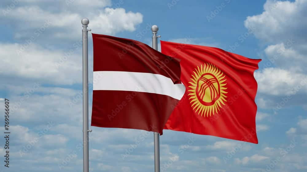 Kyrgyzstan and Latvia two flags waving together, looped video, two country relations concept Kyrgyzstan and Latvia two flags waving together, looped video, two country relations concept