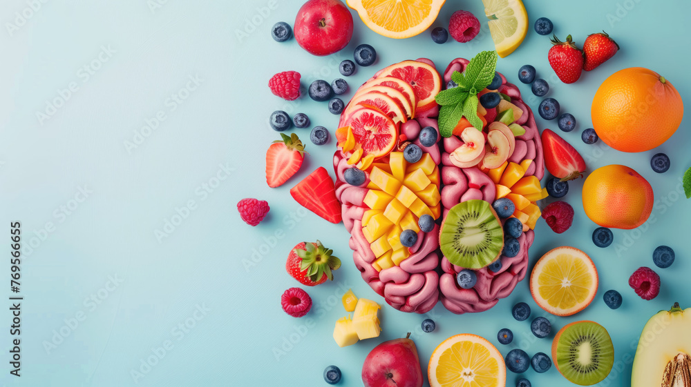 Brain with fruits, concept of healthy living and eating healthy food Generative AI