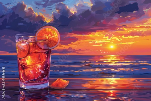 cocktail on the beach. glass of cocktail on the seashore at sunset