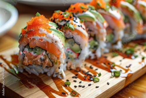 Delicious Fresh Sushi Rolls with Salmon, Avocado, and Rice, Japanese Cuisine, Top View Food Photography