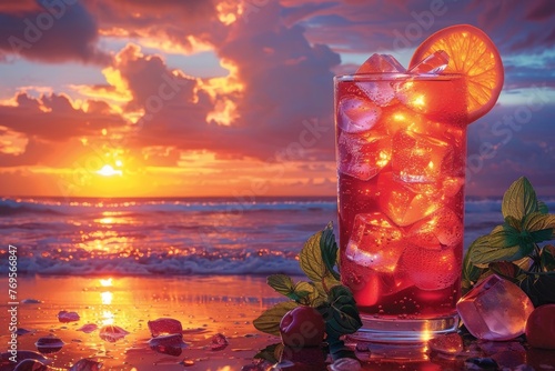 cocktail on the beach. glass of cocktail on the seashore at sunset