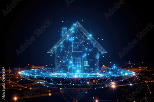 3D hand clutching plate with house. Dark blue abstract agents adorn their arms and homes. Concepts for real estate, rentals, sales, or investments. Low poly digital wireframes with stars, and dots.