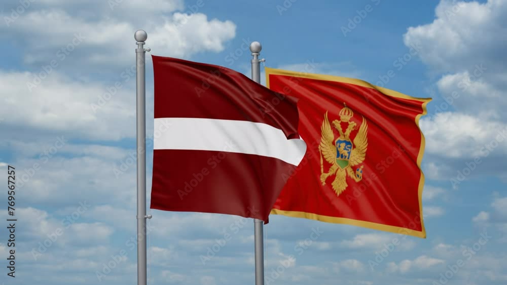 Montenegro and Latvia two flags waving together, looped video, two country cooperation concept Montenegro and Latvia two flags waving together, looped video, two country cooperation concept