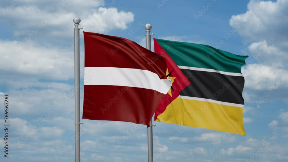 Mozambique and Latvia two flags waving together, looped video, two country cooperation concept Mozambique and Latvia two flags waving together, looped video, two country cooperation concept