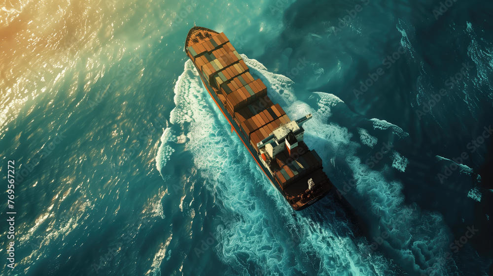 Global logistics, container ship on open sea, Top view. Generative Ai. Global logistics, container ship on open sea, Top view. Generative Ai.