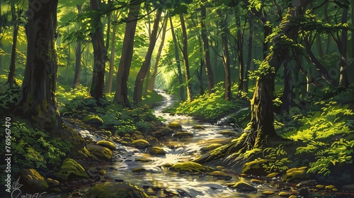 A stream gracefully winds its way through a dense forest  surrounded by vibrant green trees and foliage. The sunlight filters through the canopy  casting dappled shadows on the forest floor.