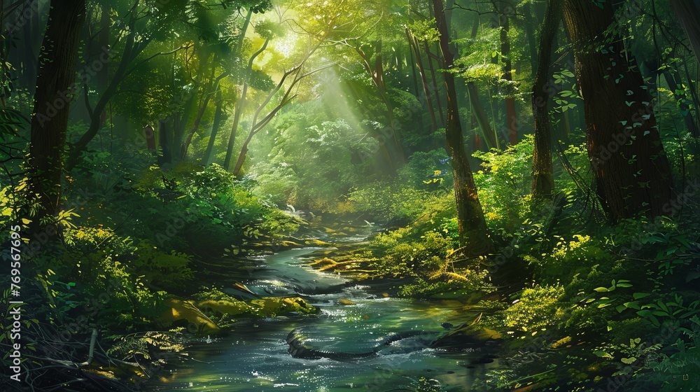 Obraz premium A stream gracefully winds its way through a dense forest, surrounded by vibrant green trees and foliage. The sunlight filters through the canopy, casting dappled shadows on the forest floor.