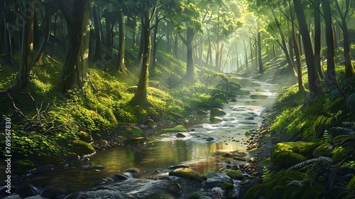 A stream gracefully winds its way through a dense forest, surrounded by vibrant green trees and foliage. The sunlight filters through the canopy, casting dappled shadows on the forest floor.