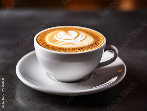 Hot coffee with milk, white cup, netral background.