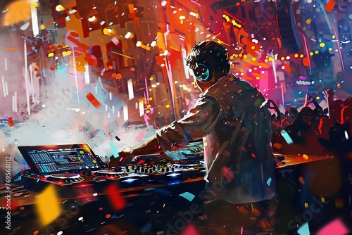 Energetic DJ performing live music in a nightclub, with colorful lights and excited crowd, digital painting