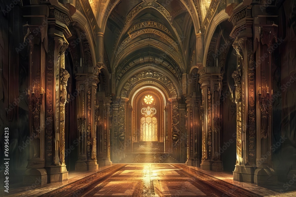 Fantasy Palace Hall Interior, Majestic Architectural Backdrop, Concept Art Illustration