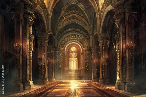 Fantasy Palace Hall Interior, Majestic Architectural Backdrop, Concept Art Illustration © furyon