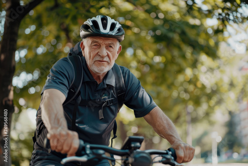 Senior man in sportswear riding bicycle. He is leading an active lifestyle. Active old age concept © Svetlana Lerie