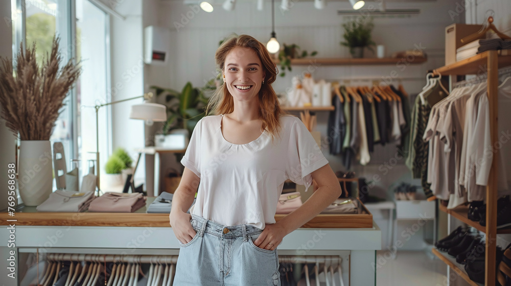 Young woman salesperson in a branded clothing store Young woman salesperson in a branded clothing store
