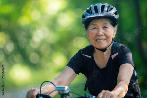Smiling senior asian woman riding bicycle. She is leading an active lifestyle. Active old age concept