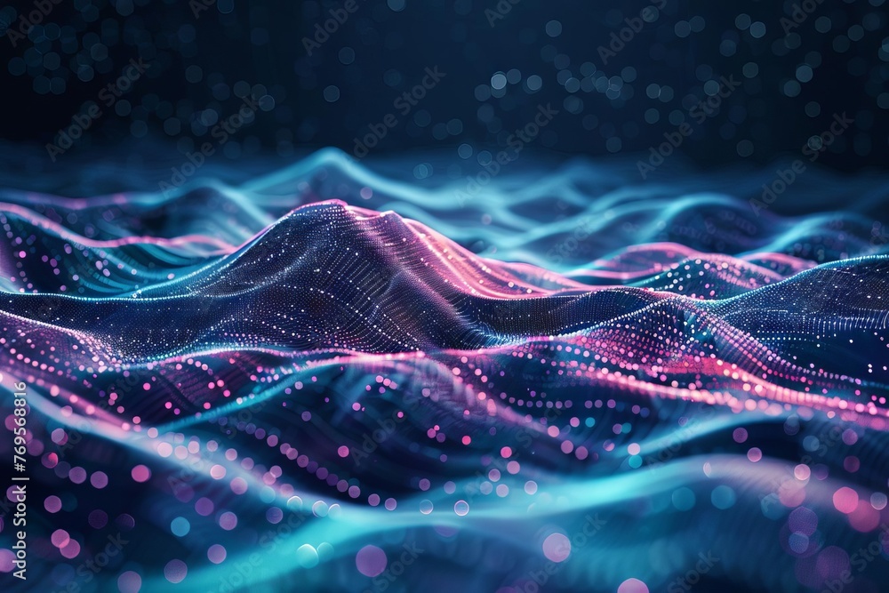 Futuristic 3D data visualization of digital waves and particles, abstract technology background