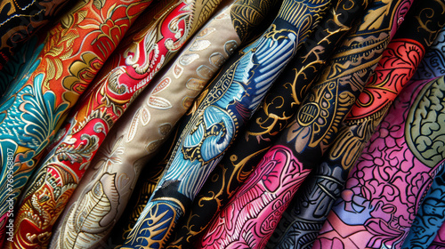 Vibrant and colorful rolls of fabric showcasing different intricate patterns and designs, perfect for fashion and textile industry