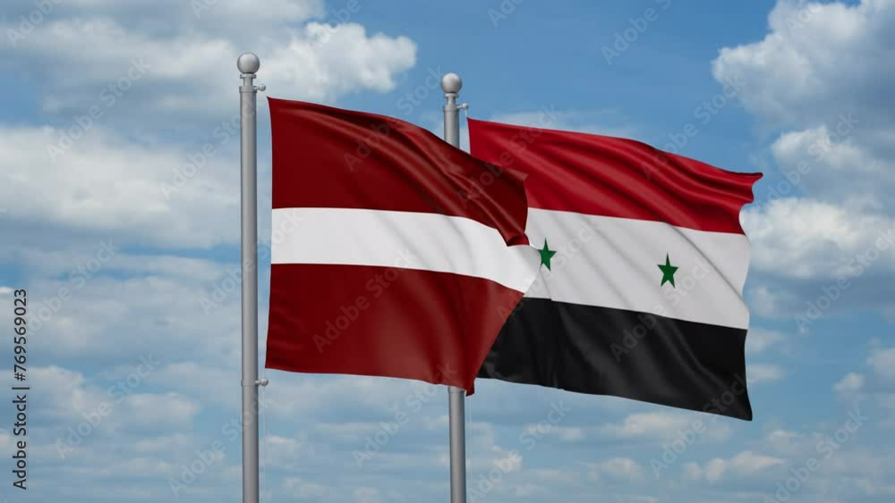 Syrian Arab Republic, Syria and Latvia two flags waving together, looped video, two country cooperation concept Syrian Arab Republic, Syria and Latvia two flags waving together, looped video, two country cooperation concept