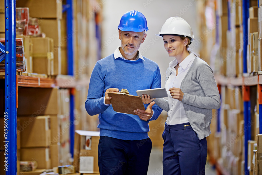 Warehouse, man and woman with tablet, distribution and inspecting inventory with cooperation. Supply chain, supervisor and management with technology and update schedule with import and industrial Warehouse, man and woman with tablet, distribution and inspecting inventory with cooperation. Supply chain, supervisor and management with technology and update schedule with import and industrial