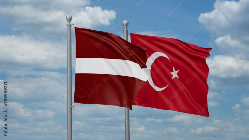 Republic of Turkey and Latvia two flags waving together, looped video, two country cooperation concept Republic of Turkey and Latvia two flags waving together, looped video, two country cooperation concept