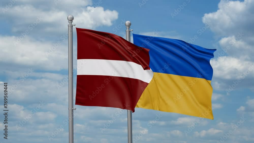 Ukraine and Latvia two flags waving together, looped video, two country cooperation concept Ukraine and Latvia two flags waving together, looped video, two country cooperation concept