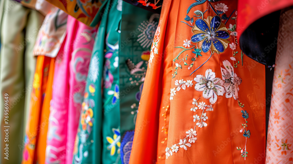 An array of brightly colored hanging textiles adorned with exquisite floral embroidery and patterns