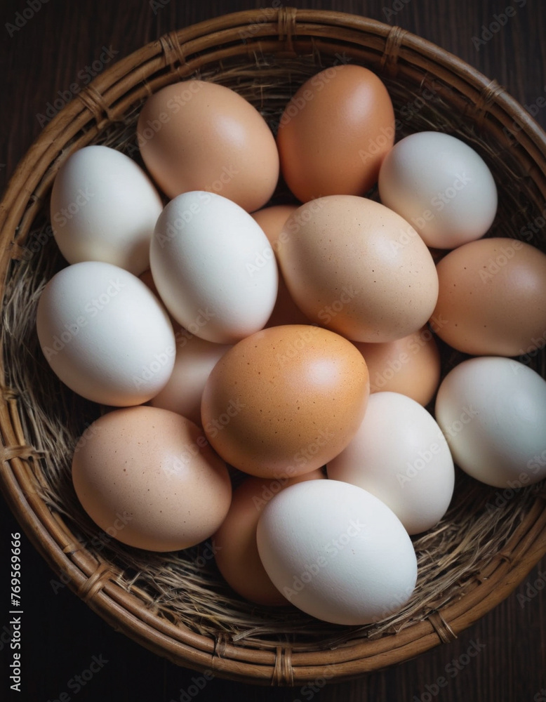 Coffee and white chicken eggs in a wicker wooden basket Coffee and white chicken eggs in a wicker wooden basket