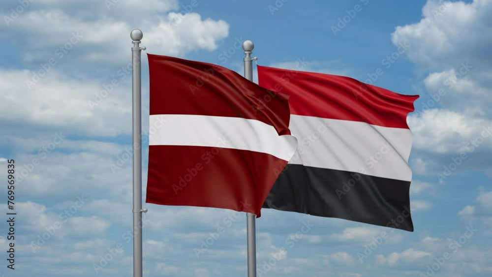 Yemen and Latvia two flags waving together, looped video, two country cooperation concept Yemen and Latvia two flags waving together, looped video, two country cooperation concept