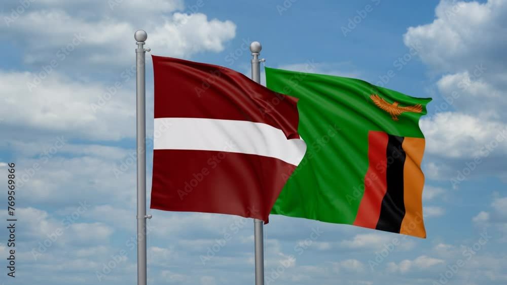 Zambia and Latvia two flags waving together, looped video, two country cooperation concept Zambia and Latvia two flags waving together, looped video, two country cooperation concept