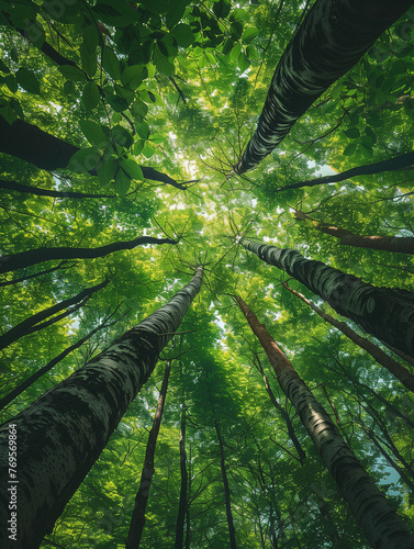 Vertically looking up to trees in a forrest. Green nature. AI Generated